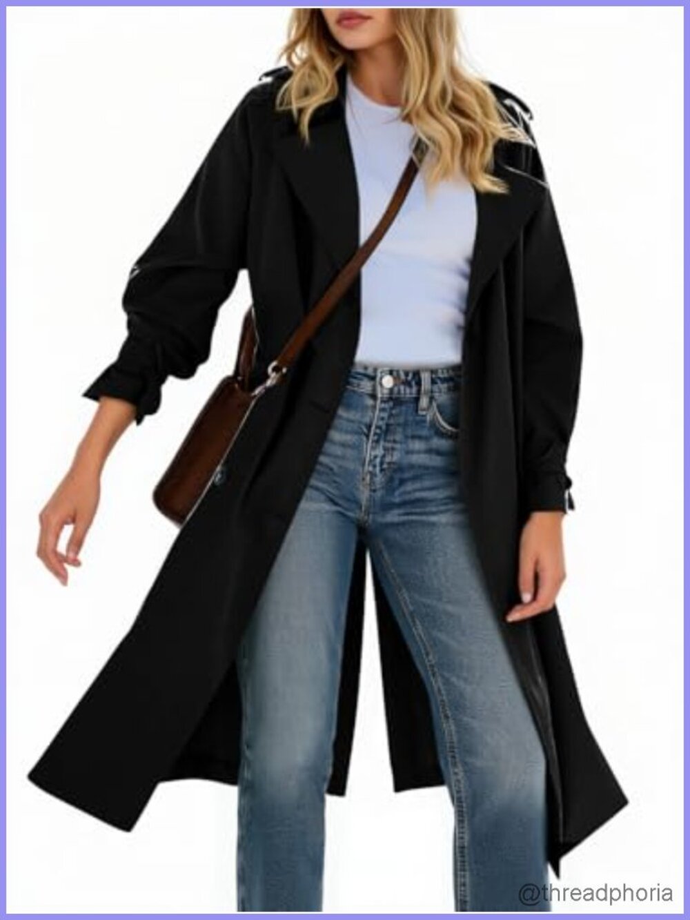 Womens Long Trench Coat Double Breasted Notch Lapel Belted Overcoat